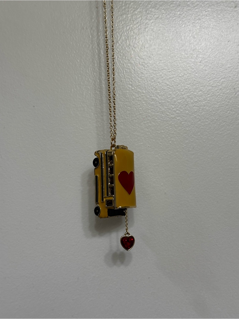 Betsey Johnson Yellow School Bus Heart Pendant Necklace with Red Heart Charm